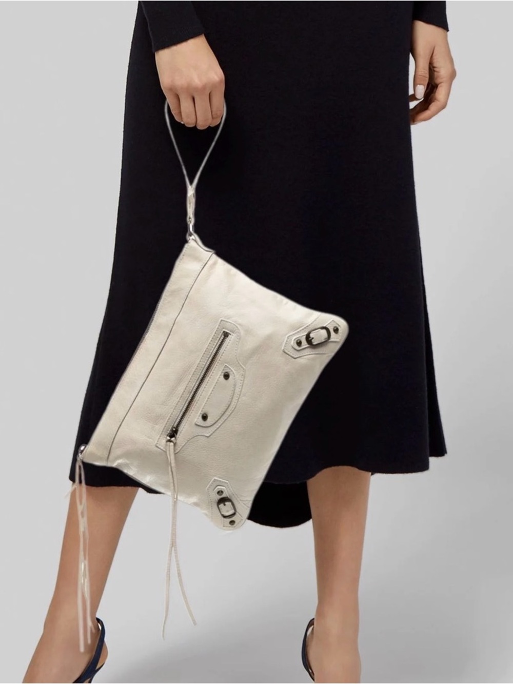 Balenciaga Silver Leather Wristlet Clutch with Signature Hardware